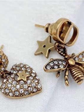 Dior Gold Tone Crystal Bee & Heart Drop Earrings - Women's Jewelry